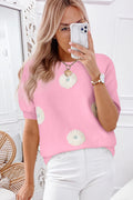 Beige Flower Pattern Puff Short Sleeve Sweater