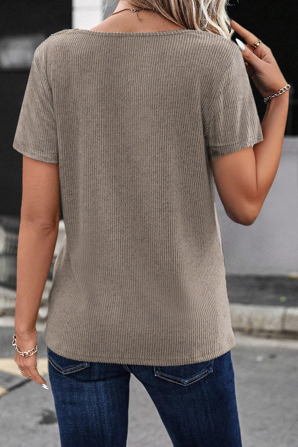 Pale Khaki Button Strappy V Neck Plain Ribbed Tee