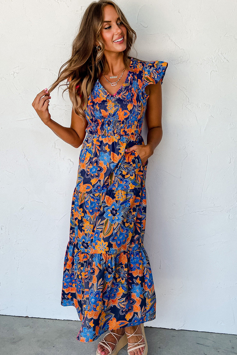 Dark Blue Boho Floral V Neck Ruffle Tiered Long Dress