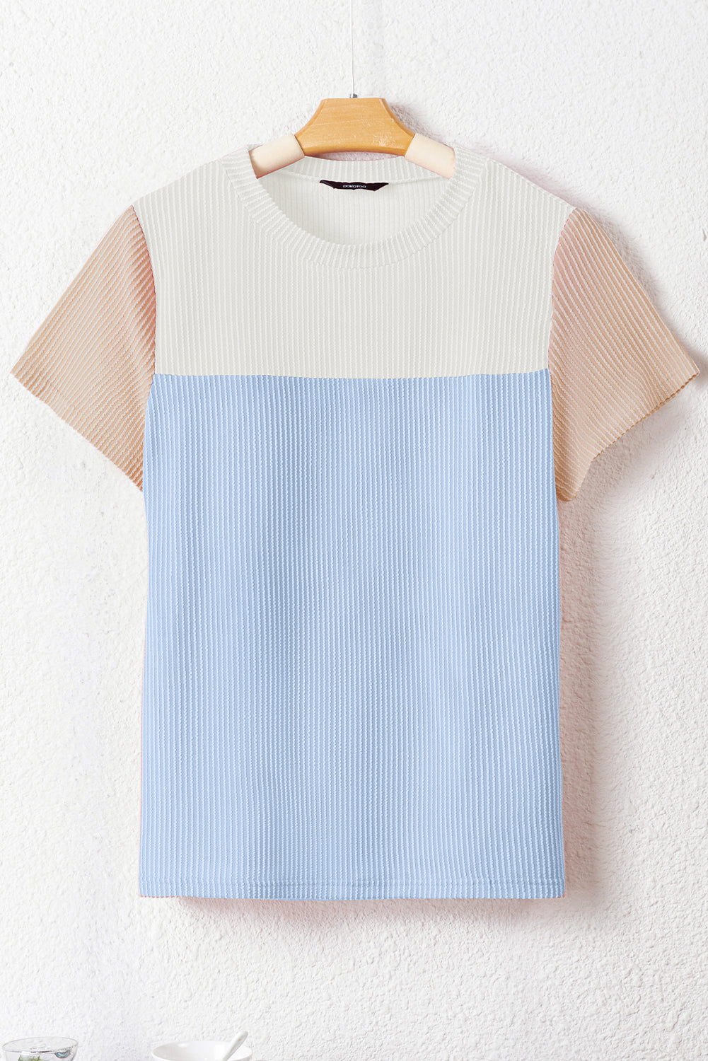 Black Rib Textured Colorblock Round Neck T Shirt