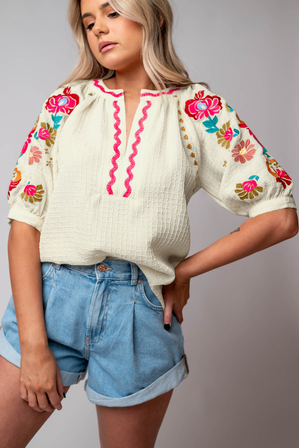 Beige Floral Embroidered Puff Sleeve Ricrac Textured Blouse