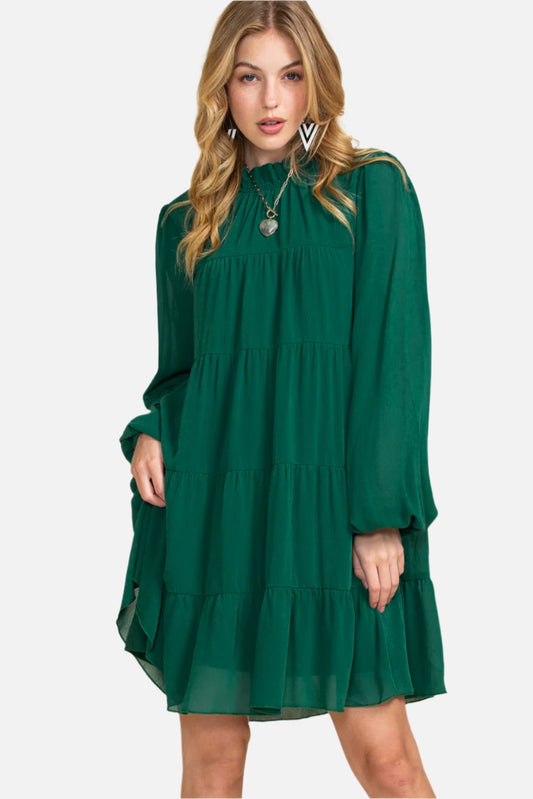 Green Mock Neck Solid Color Pleated Mini Dress