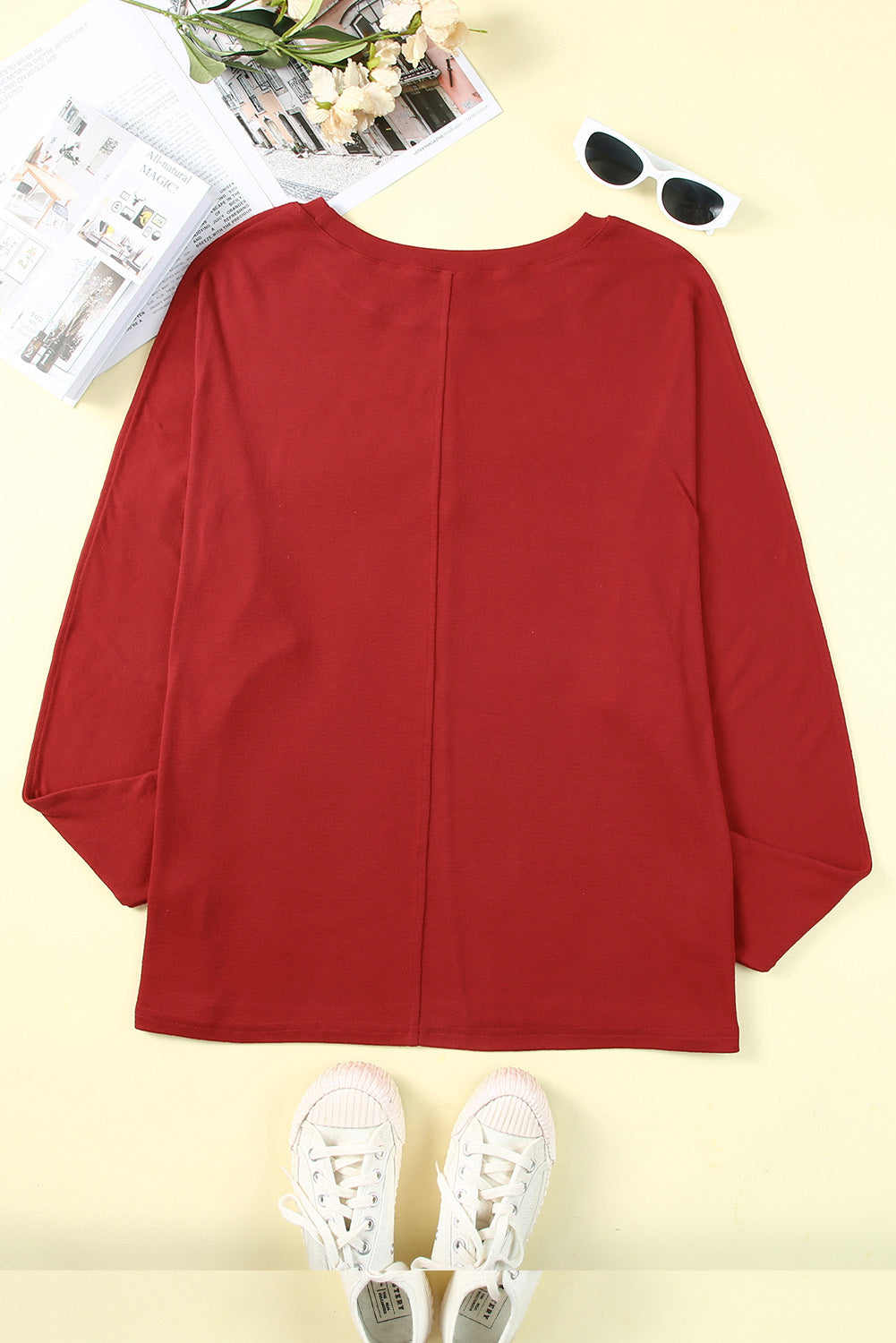 Red Basic Solid Color Seam Long Sleeve Top