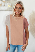 Apricot Pink Colorblock Ribbed Round Neck T Shirt