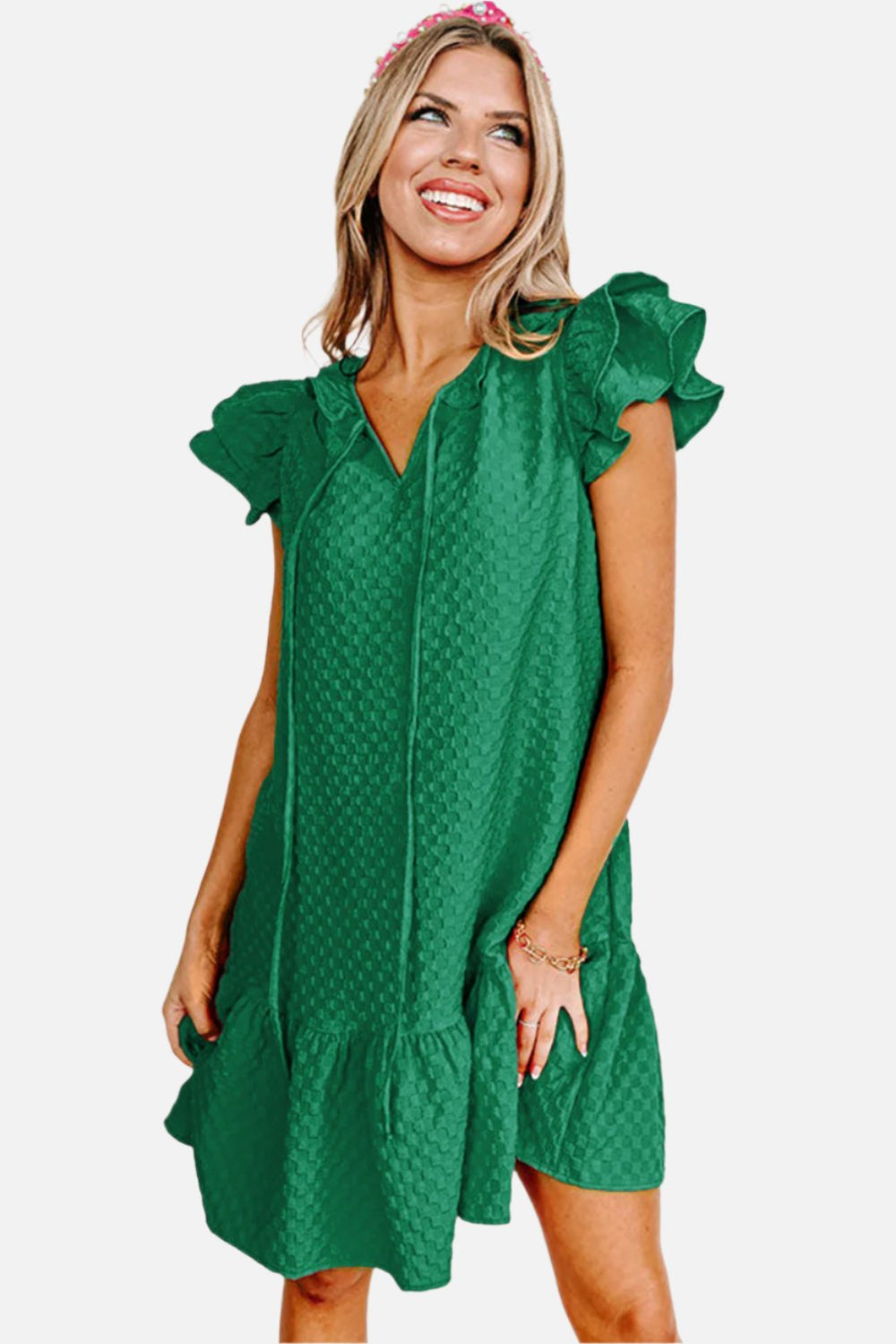 Blackish Green Flutter Shoulder Textured Checked Mini Dress