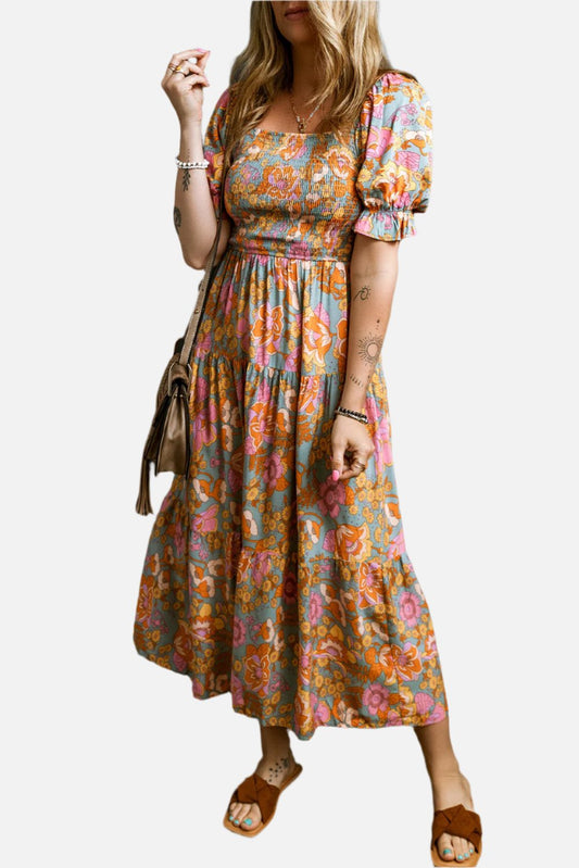 White Floral Print V Neck Flutter Half Sleeve Empire Waist Dress