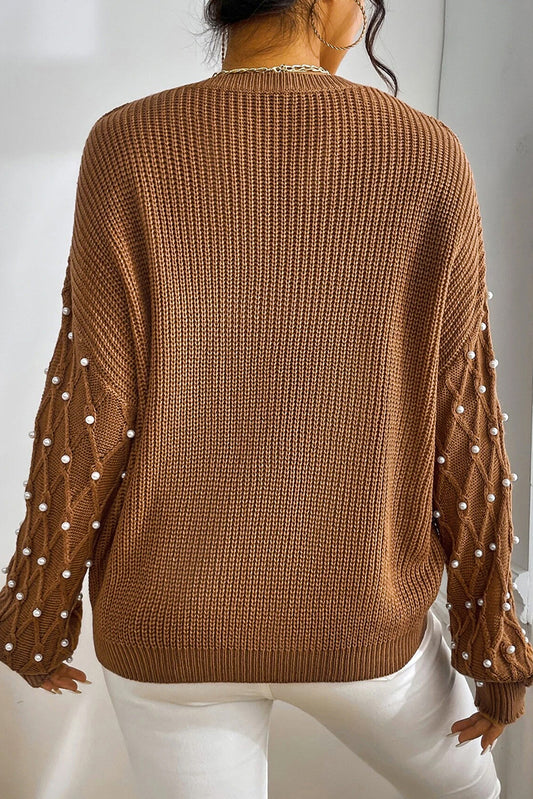 Chestnut Pearl Drop Shoulder Round Neck Sweater