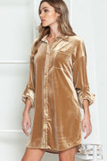 Flaxen Velvet Button Front Shirt Mini Dress