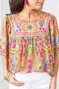 Orange Geometric Print Bell Sleeve Babydoll Blouse