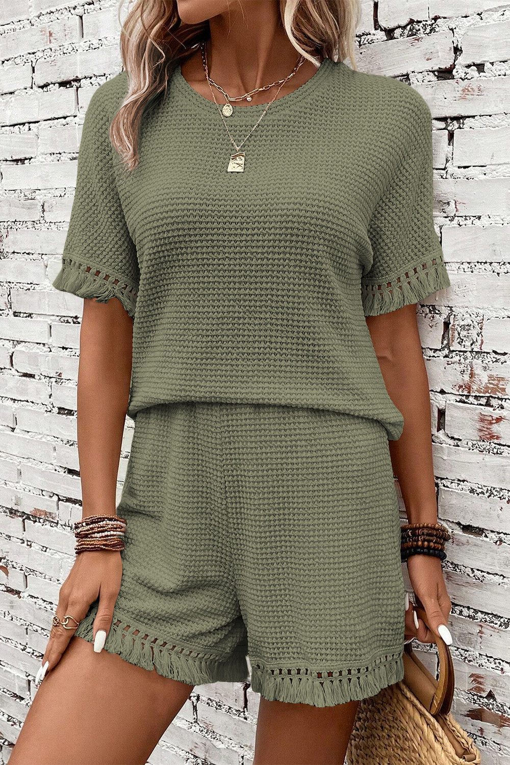 Laurel Green Fringe Trim Waffle Knit Textured Shorts Set