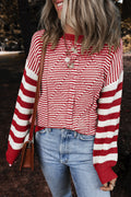 Brown Stripe Twisted Knitted Drop Shoulder Sweater