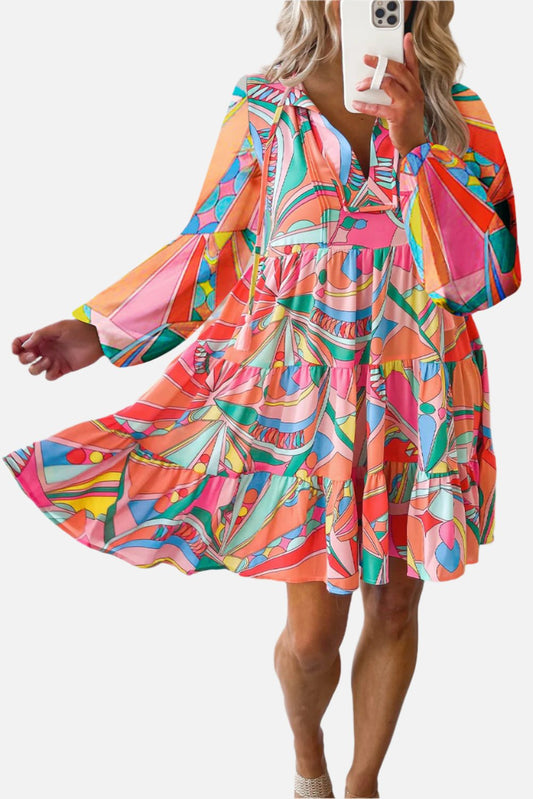 Multicolor Geometric Print Split Neck Ruffle Tiered Short Dress