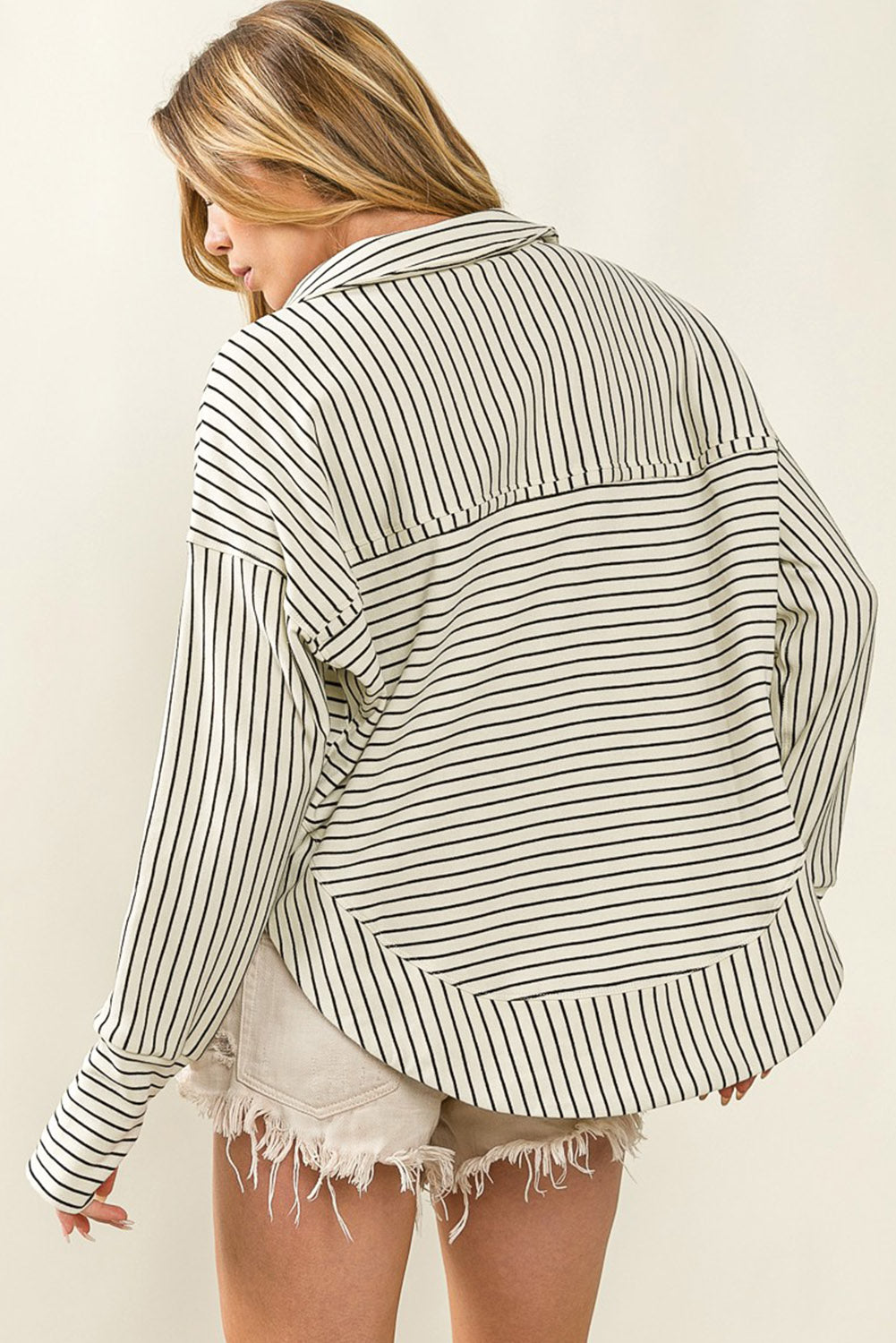 White and Black Striped Grommet Collared Thumbhole Long Sleeve Top