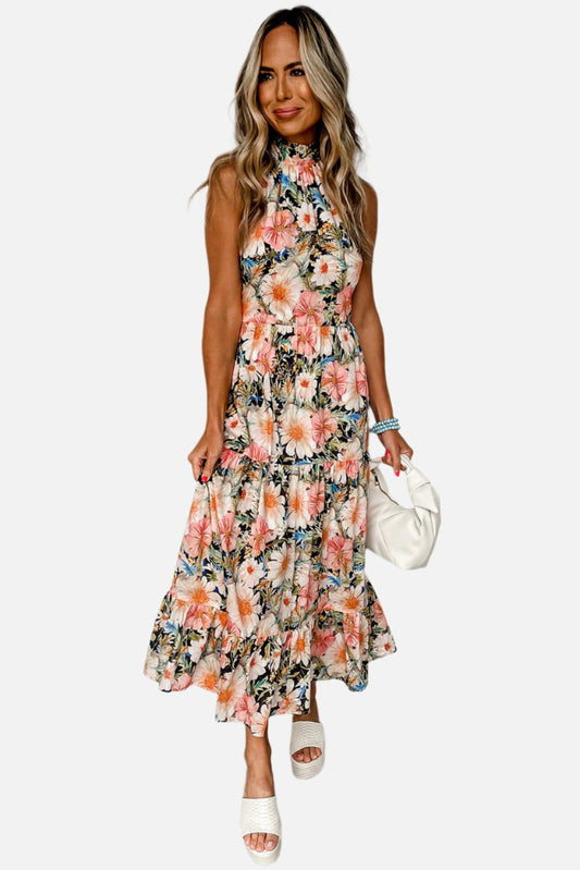 Black Knotted Halter Floral Print Ruffle Tiered Maxi Dress