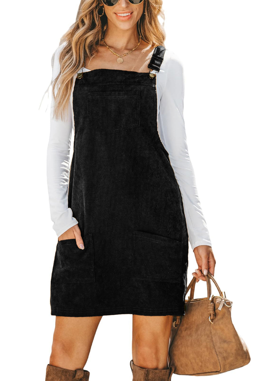 Cinnamon Corduroy Front Pockets Overall Dress