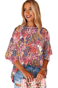 Multicolor Floral Print 3/4 Sleeve Boat Neck Top