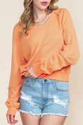 Orange Waffle Knit Exposed Seam Long Sleeve Top