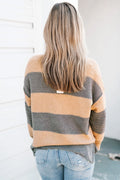 Khaki Colorblock Ribbed Contrast Trim Henley Sweater