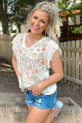 White Boho Floral Print Fringe Shoulder Sleeveless Shirt