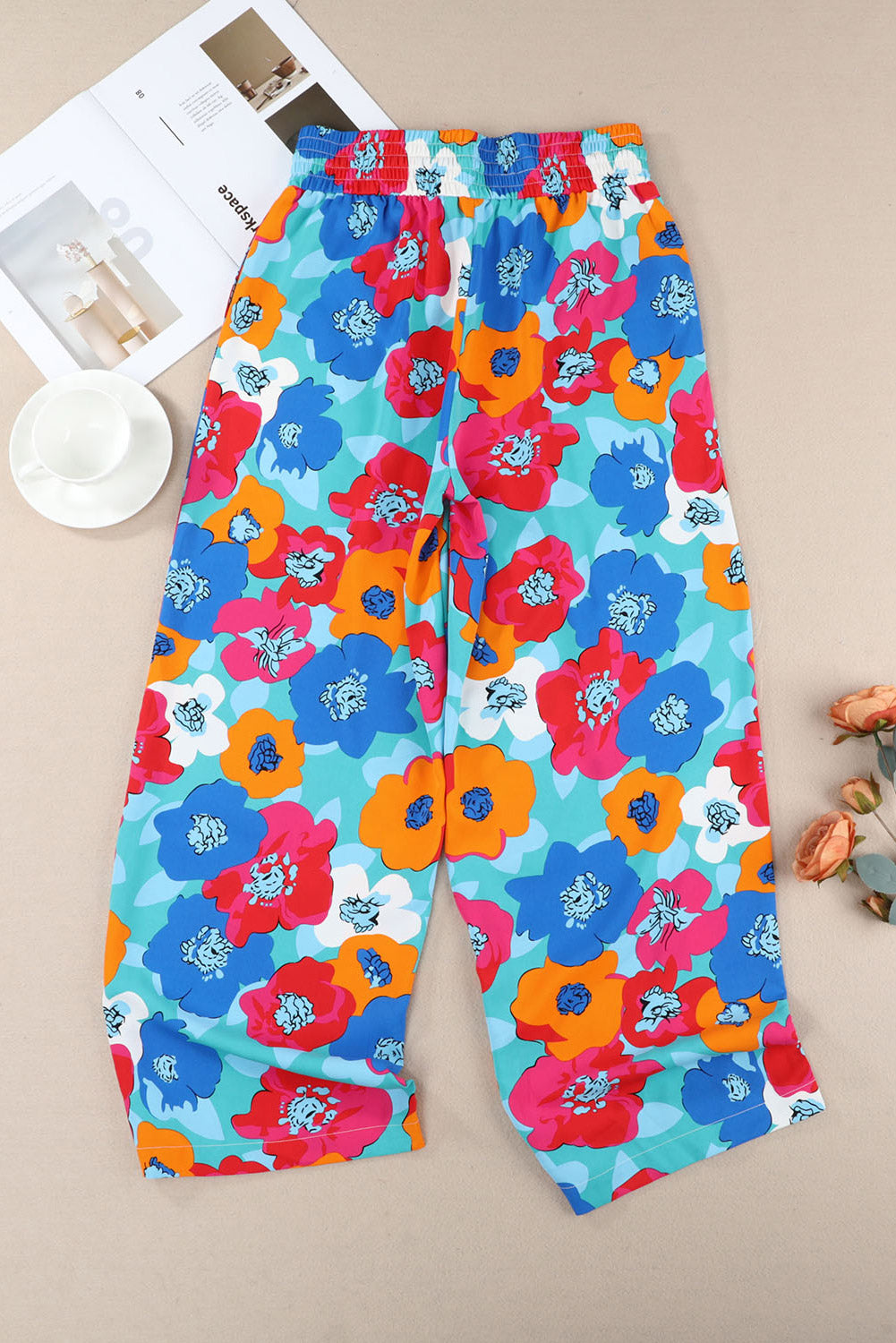 Multicolor Floral Abstract Print Drawstring Wide Waistband Pants