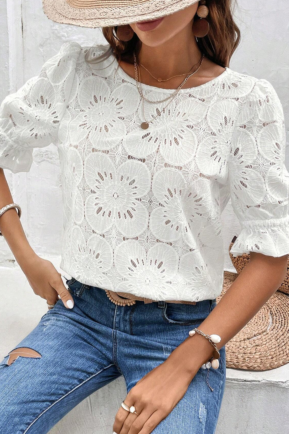 White Flower Eyelet Jacquard Keyhole Puff Sleeve Blouse