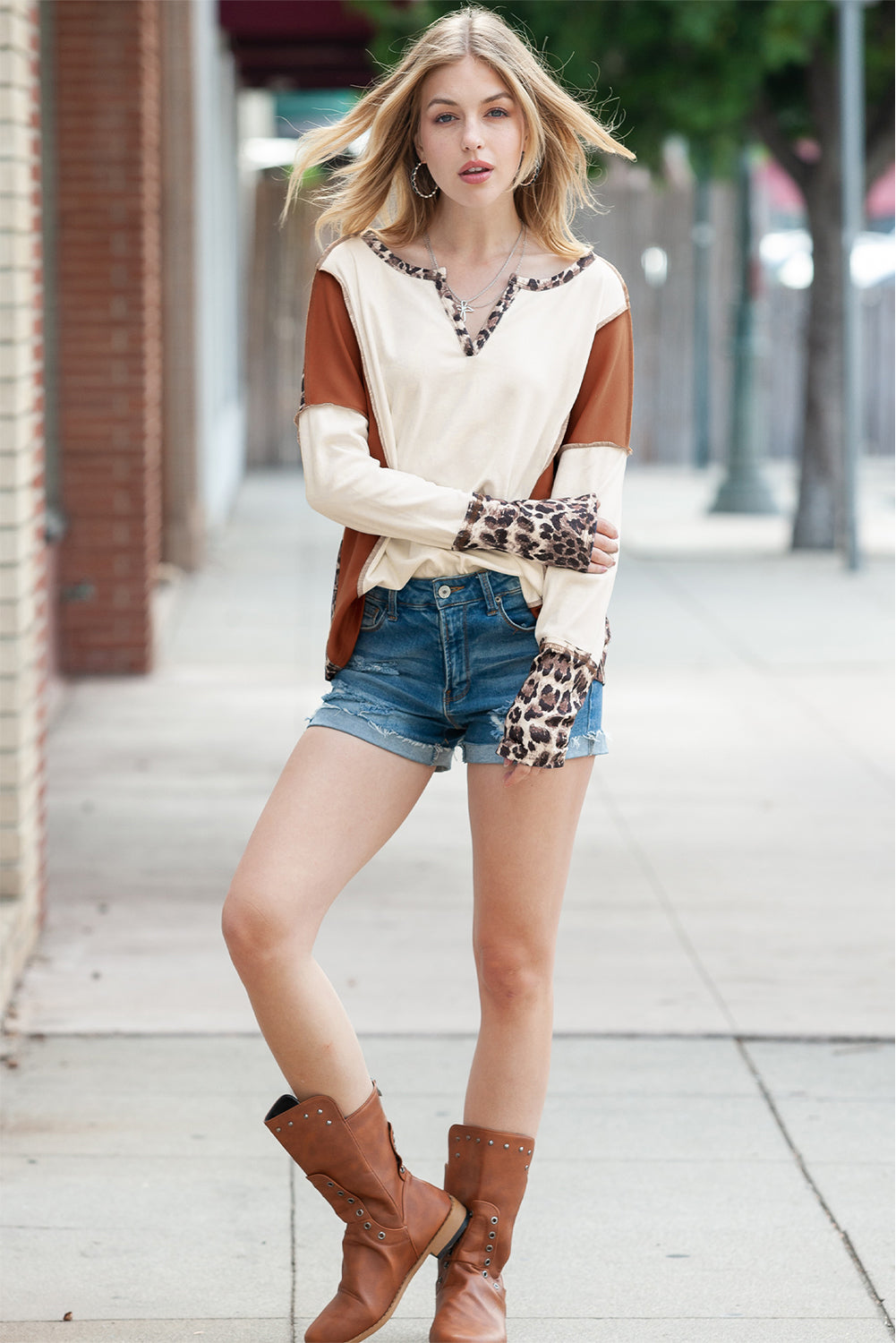 White Leopard Patchwork Notch Neck Thumbhole Long Sleeve Top