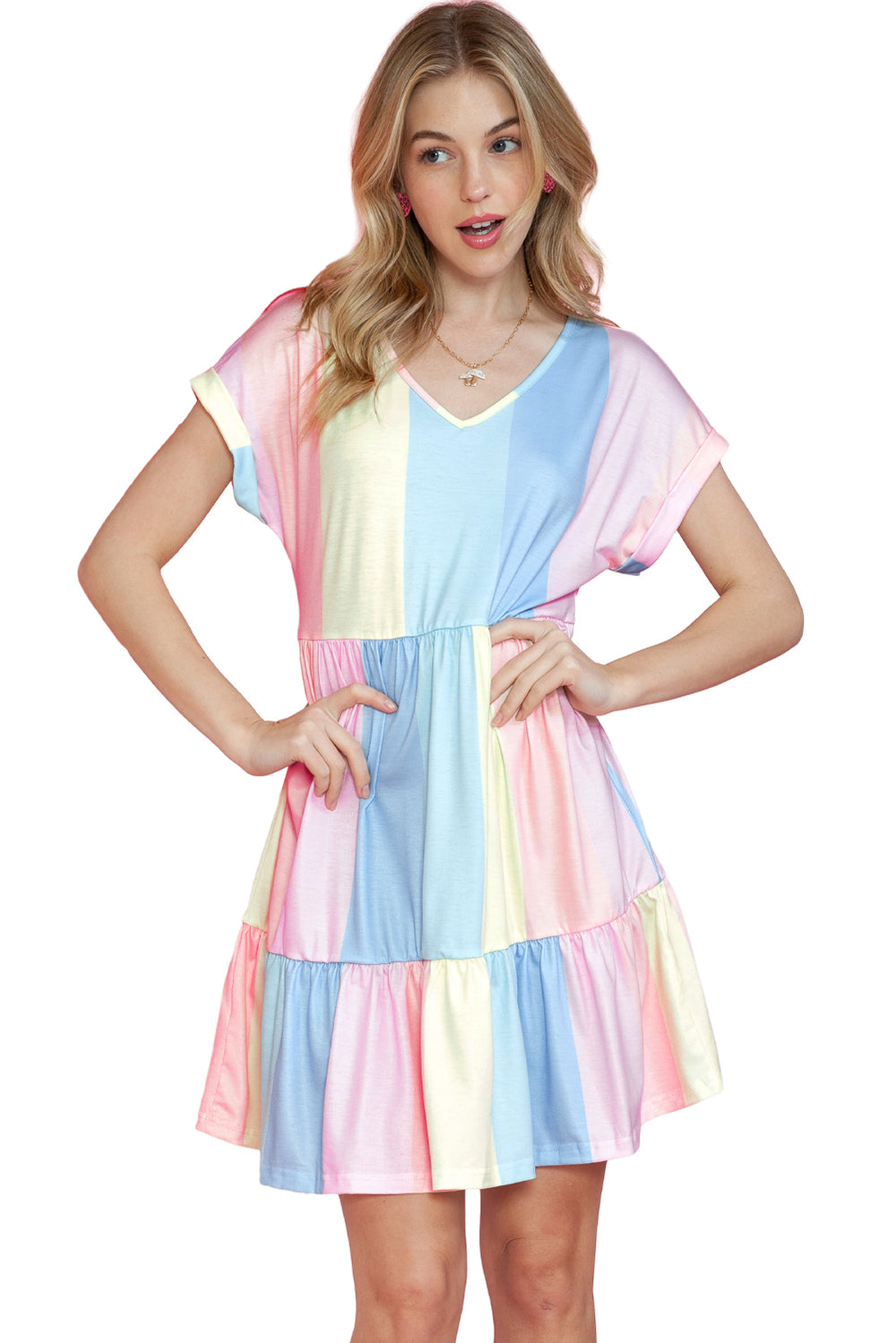 Multicolor Striped Rainbow V Neck Short Sleeve Tiered Dress