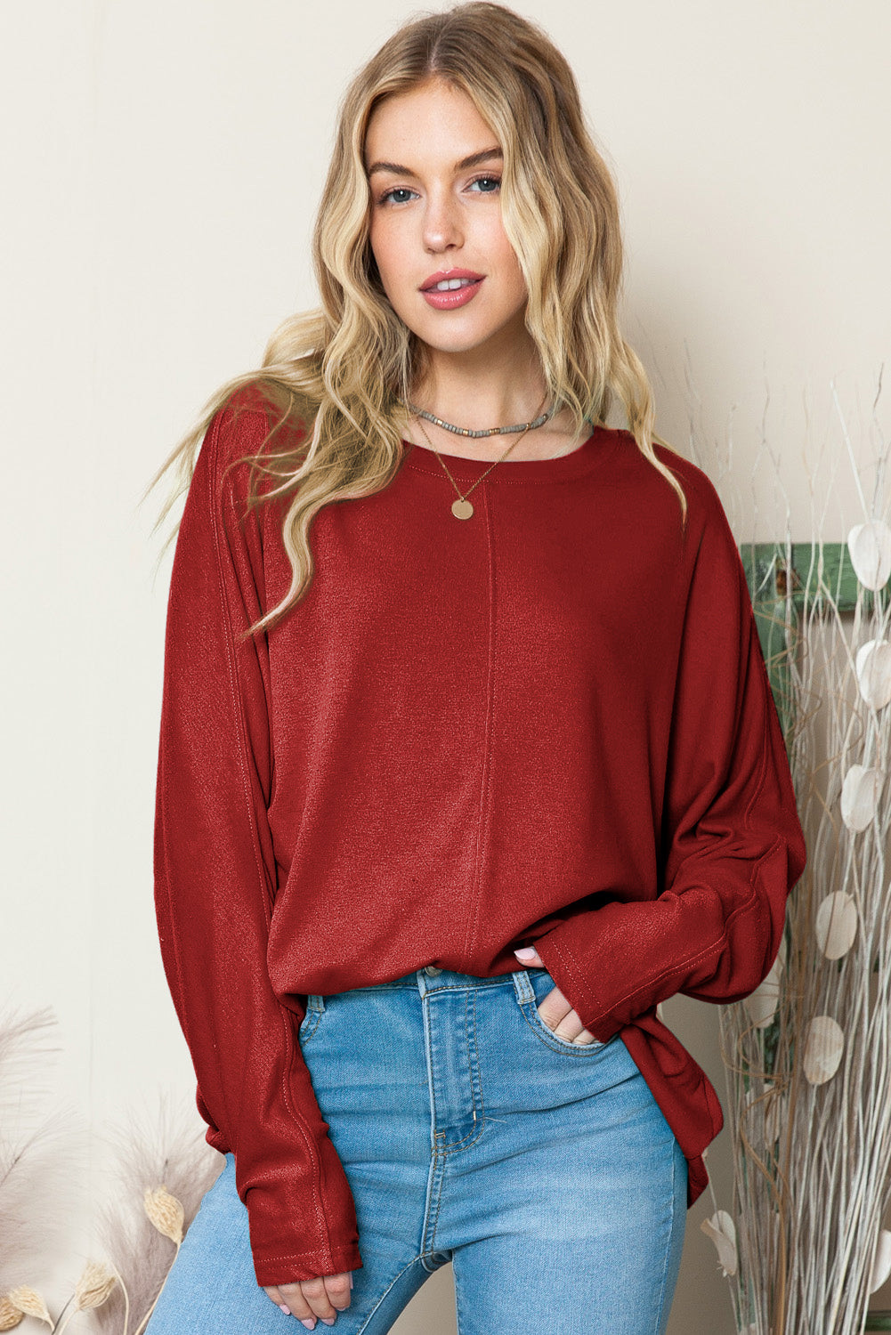 Red Basic Solid Color Seam Long Sleeve Top