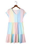 Multicolor Striped Rainbow V Neck Short Sleeve Tiered Dress