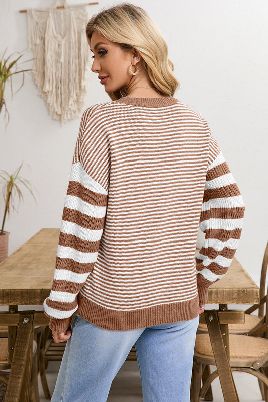 Brown Stripe Twisted Knitted Drop Shoulder Sweater