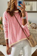 Striped Print Trim Drop Sleeve Knit Pullover Sweater