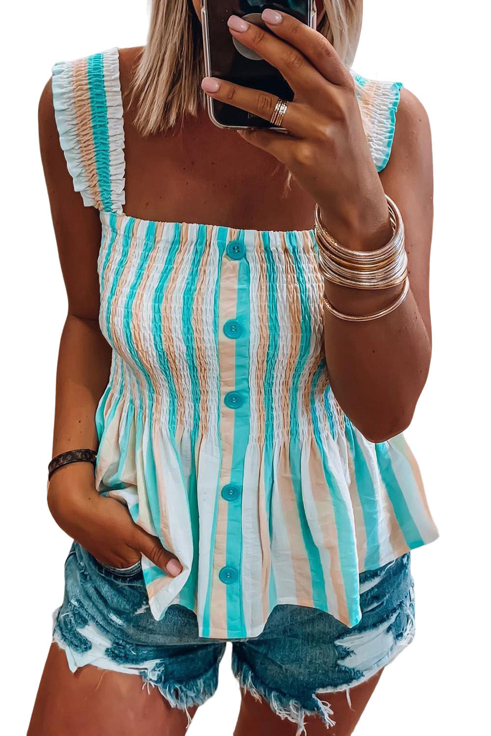 Striped Print Smocked Peplum Sleeveless Shirt