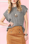 Gray Solid Cable Knit Short Sleeve Roun Neck Sweater