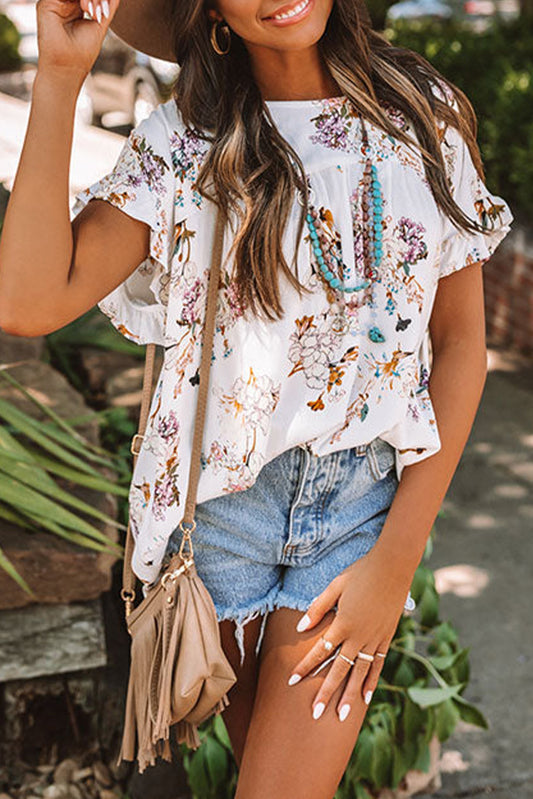 Beige Puff Sleeve Frill Neckline Floral Blouse