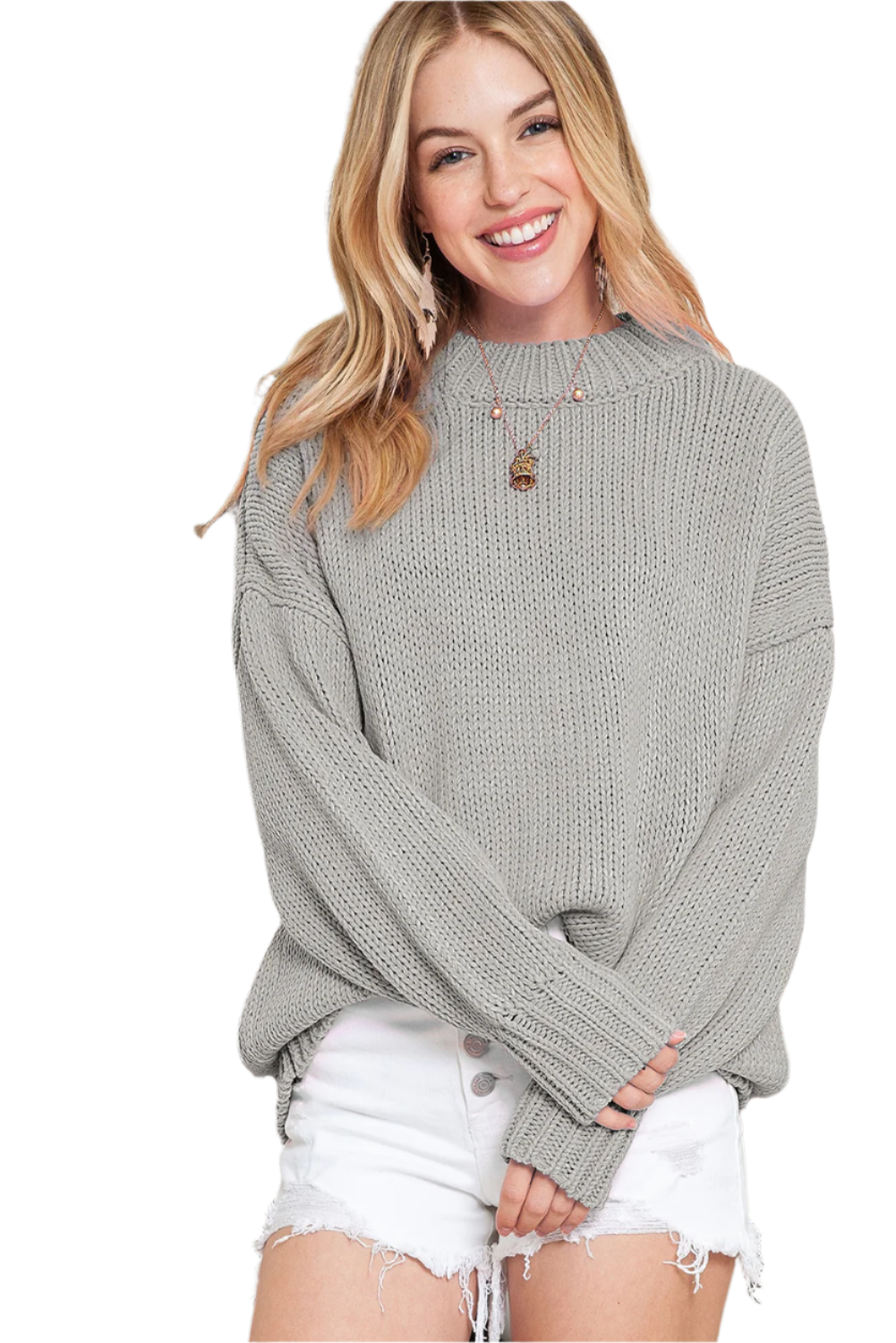 Light Grey Chunky Knit Turtle Neck Drop Shoulder Sweater