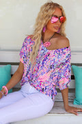 Pink Boho Abstract Floral Print V Neck T Shirt