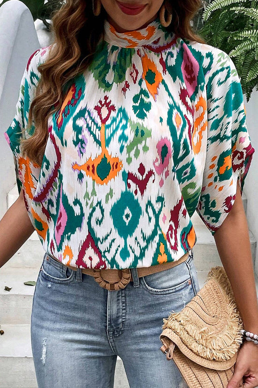 Multicolor V-Neck Boho Geometric Print Ruffle Blouse