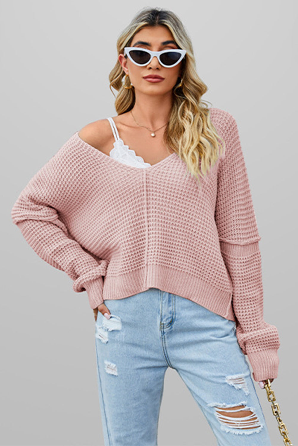 Apricot Solid Color Waffle Knit V Neck Sweater