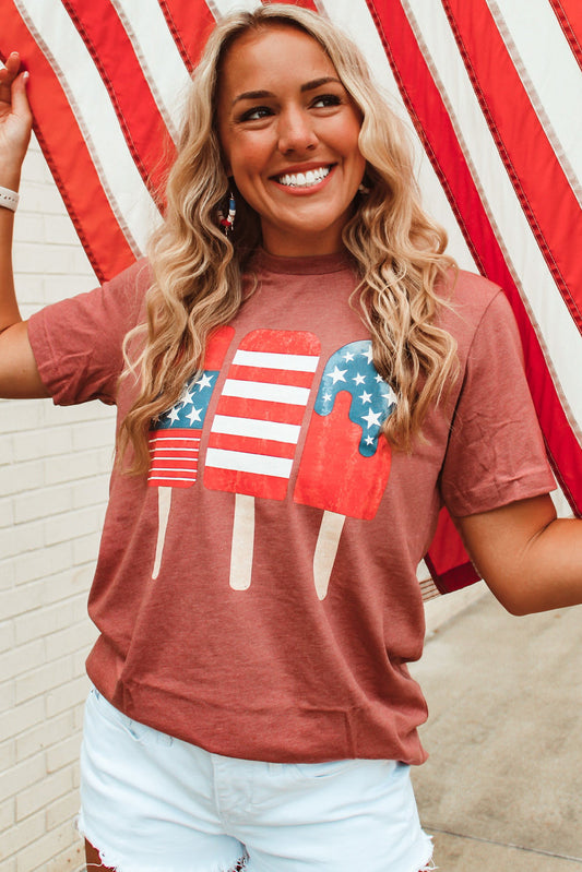 Red American Flag Popsicles Patterned Crew Neck Patriotic T Shirt