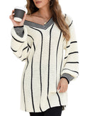 White Contrast V Neck Loose Tunic Sweater