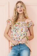 Apricot Pink Floral Patchwork Square Neck Ruffle Sleeve Blouse