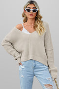 Apricot Solid Color Waffle Knit V Neck Sweater