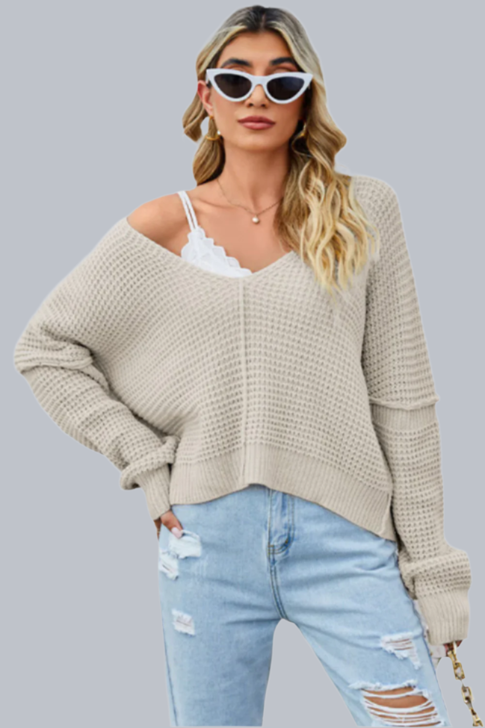 Apricot Solid Color Waffle Knit V Neck Sweater