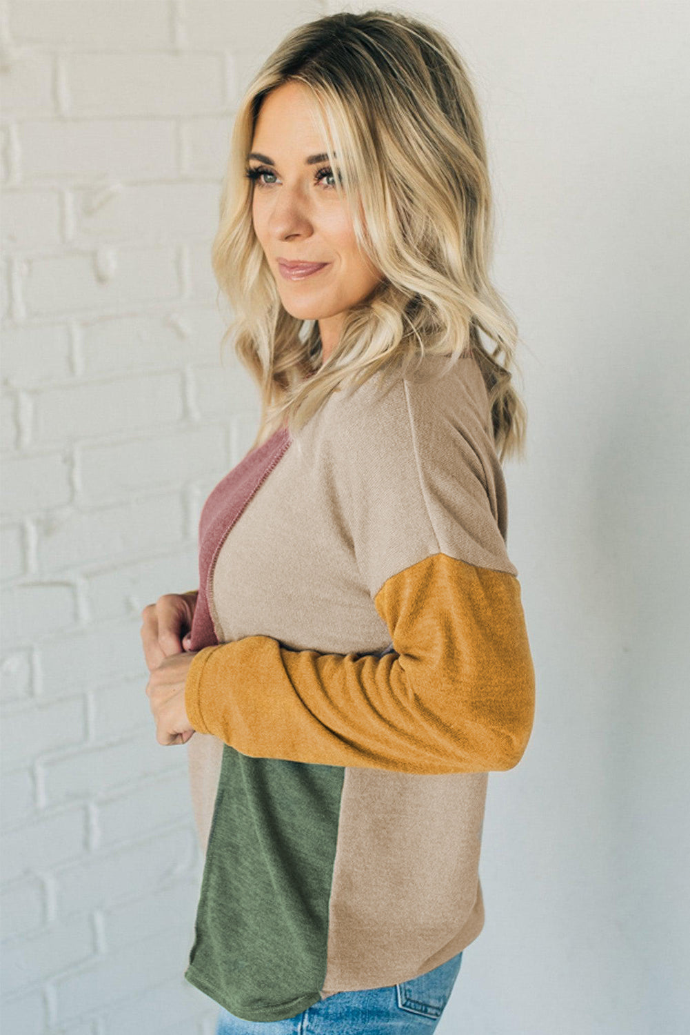 Light French Beige Exposed Seam Colorblock Long Sleeve Top