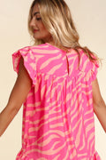 Pink Zebra Stripe Print Ruffle Trim Pocketed Mini Dress