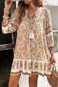 Apricot Floral Print Boho V-Neck Lace-Up Dress