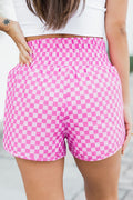 Pink Plaid Print High Waisted Athletic Shorts