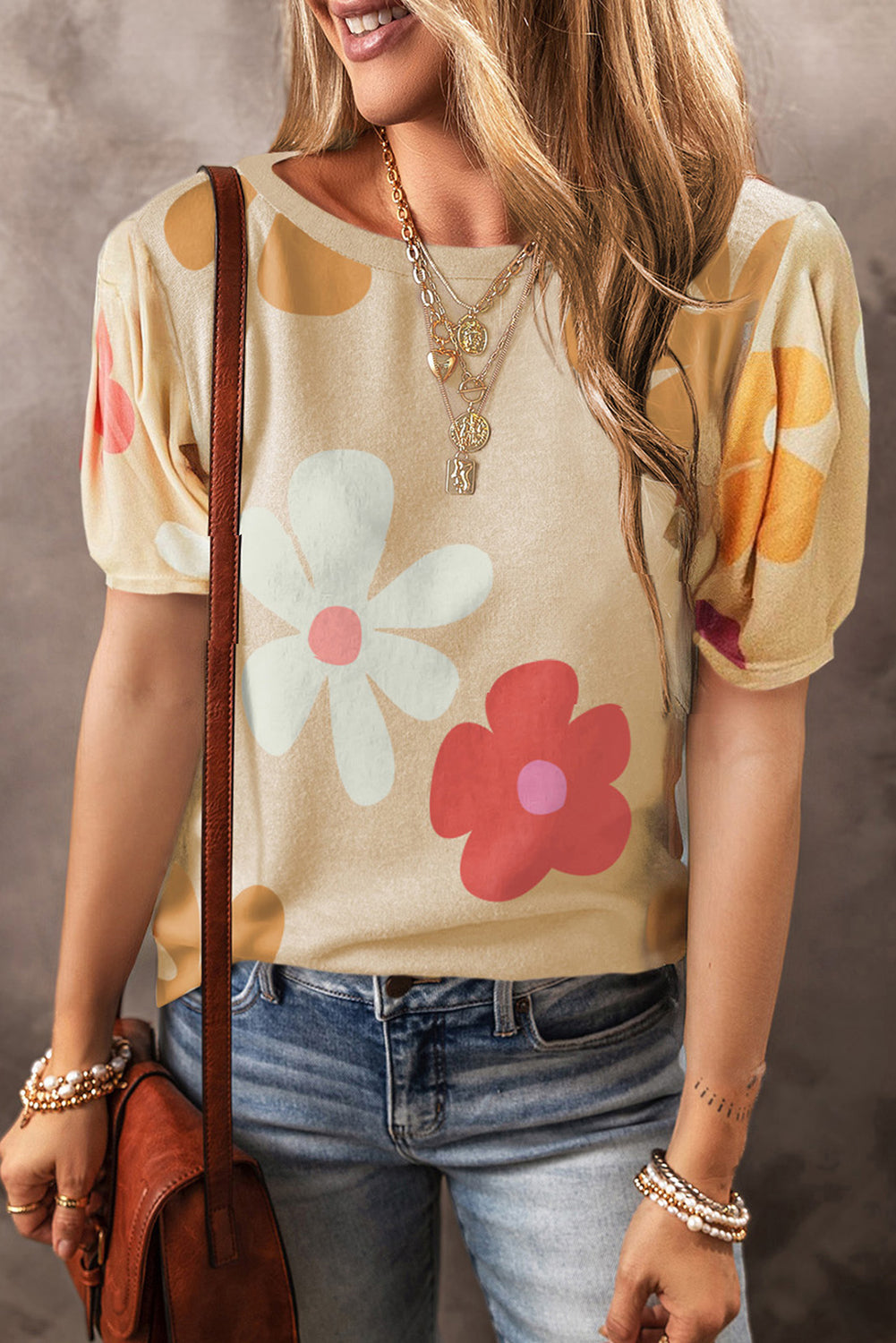 Sky Blue Colorful Flower Print Bubble Sleeve Tee