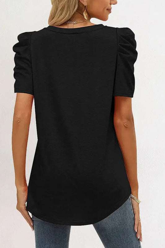 Black Puff Sleeve Casual V Neck T-Shirt