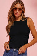 Black Solid Color Ruched Side Ribbed Tank Top